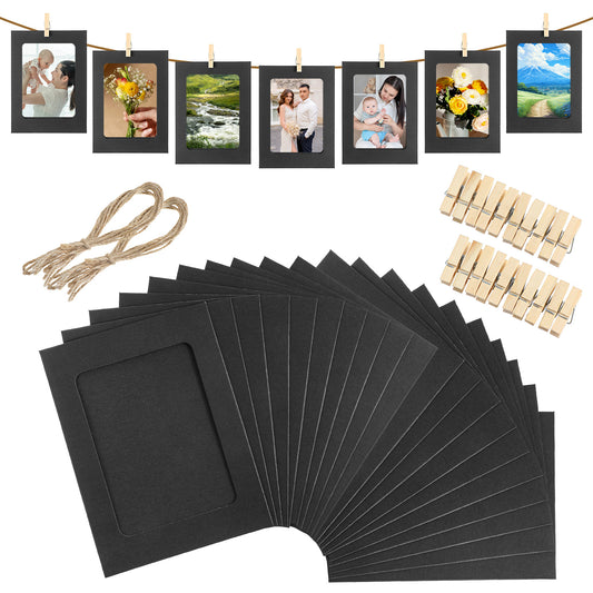 20 Pcs Paper Frames Photo Banner, 4x6 Inch Black Paper Picture Frames with Clips, DIY Hanging Photo Display for Party, Home, Office, Wedding, Wall Decor