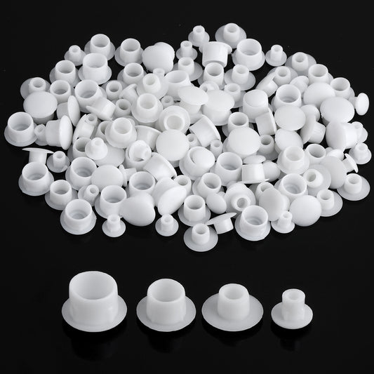 120PCS Plastic Screw Covers - White Hole Plugs Assorted Sizes (5mm/6mm/8mm/10mm) for Nail, Screw, Partition Holes in Cabinets, Brackets, Shelves