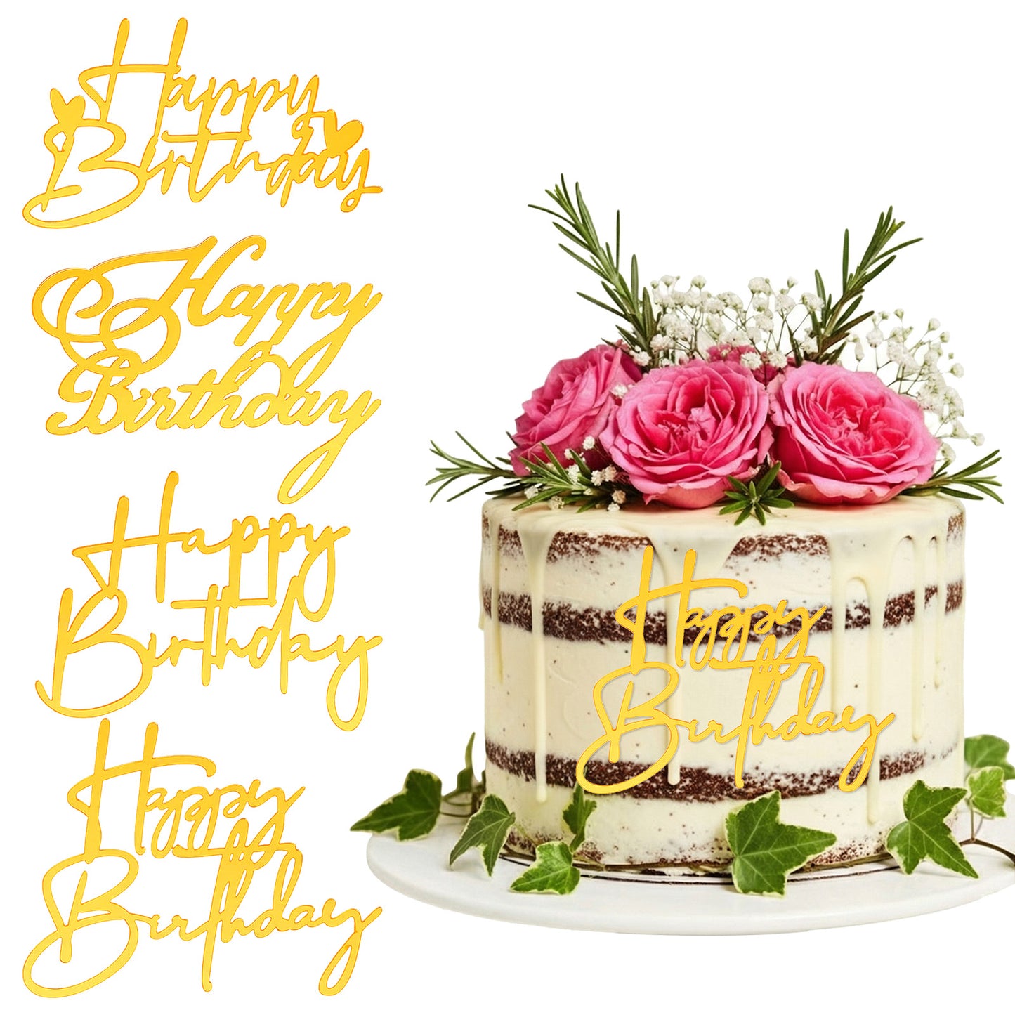 RAHHLIZS 4 PCS Gold Happy Birthday Cake Topper, Gold Mirror Acrylic Happy Birthday Cake Sign Party Decorations Supplies for Your Family and Friends