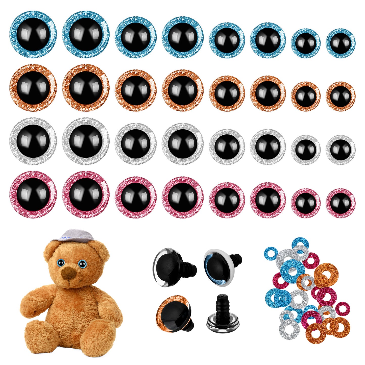Nogeqi 32PCS Glitter Safety Eyes for Crocheting, 3D Amigurumi Eyes with Washers, 4 Colors Moon Stuffed Crochet Eye for Animals Doll Crafts Toy Making (12mm, 14mm, 16mm, 18mm)