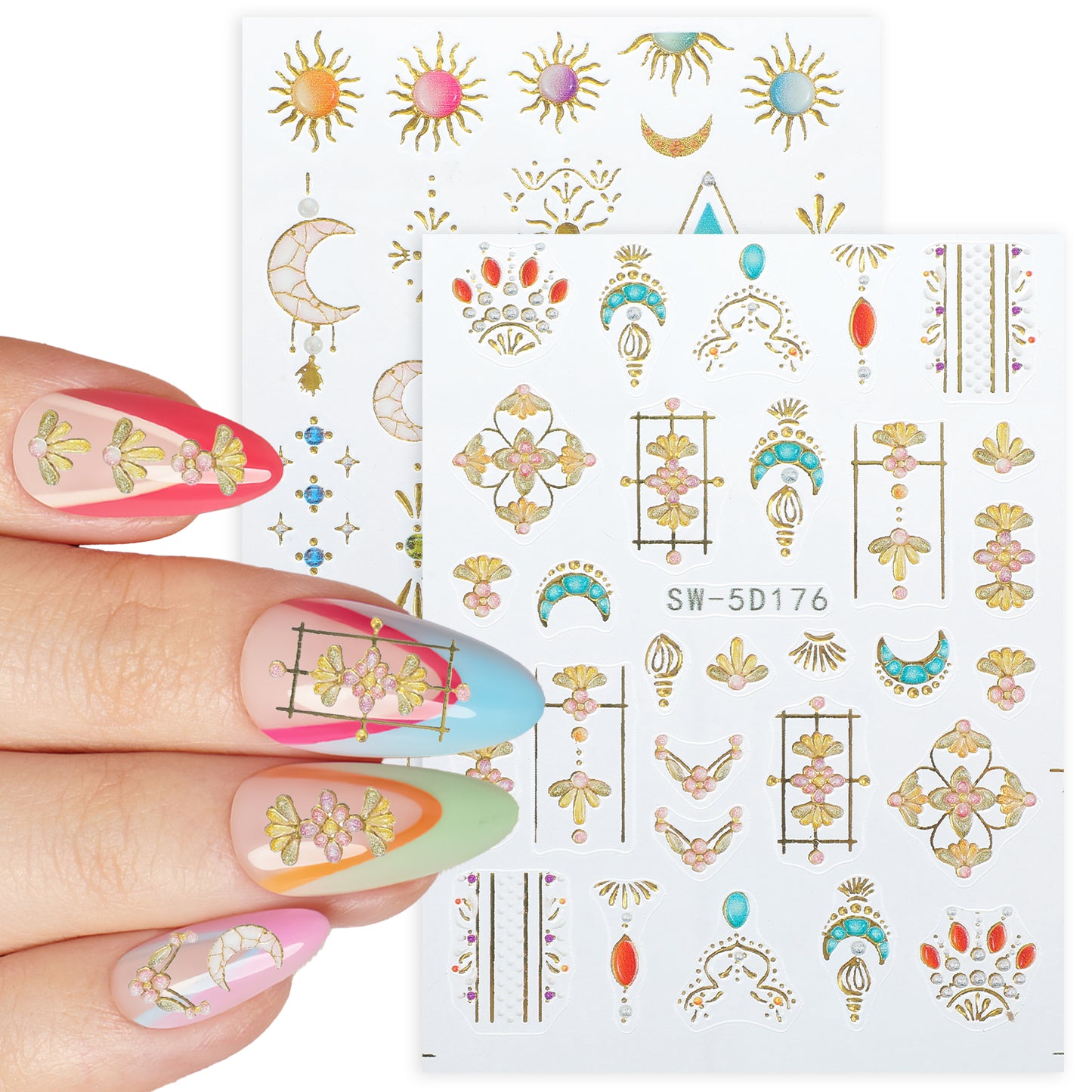 2 Pcs Sun Moon Nail Art Stickers Decals 5D Embossed Bohemian Style Nail Decals Metallic Gold Lace Lines Green Gem Luxury Nails Design Adhesive Stickers Egyptian Style Nail Art Stickers Decals
