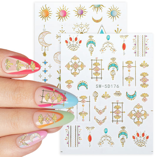 2 Pcs Sun Moon Nail Art Stickers Decals 5D Embossed Bohemian Style Nail Decals Metallic Gold Lace Lines Green Gem Luxury Nails Design Adhesive Stickers Egyptian Style Nail Art Stickers Decals