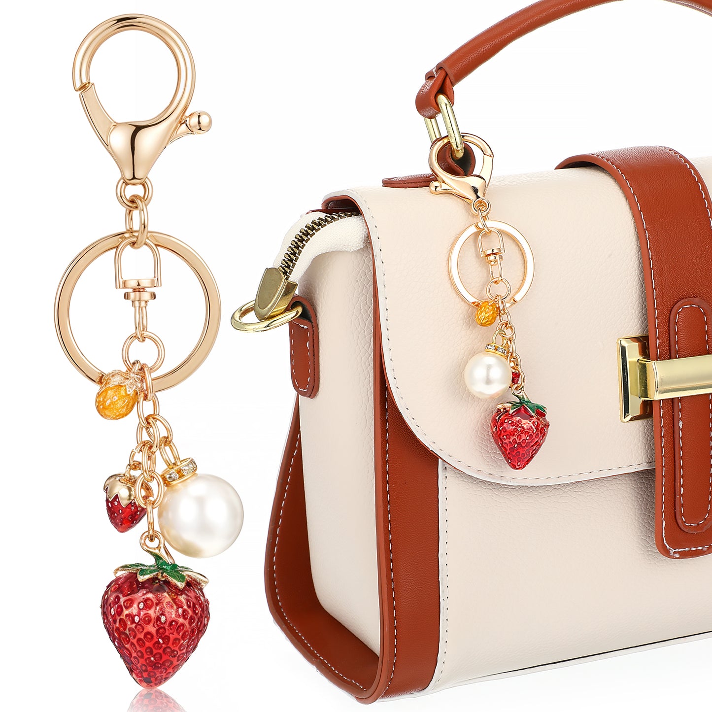 Ouligay Cute Strawberry Keychains, Metal Strawberry Bag Charm for Purse, Strawberry Accessories with Pearl,Kawaii Keychain for Women Gril Handbag Zipper Pull