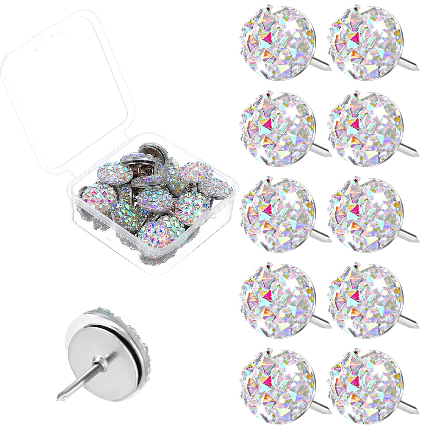 Mabor 30Pcs Decorative Thumb Tacks Glitter Rhinestone Cute Push Pins for Bulletin Board Cork Board with Box Fun Push Pins White Thumbtacks for Wall Hanging Home Office Supplies