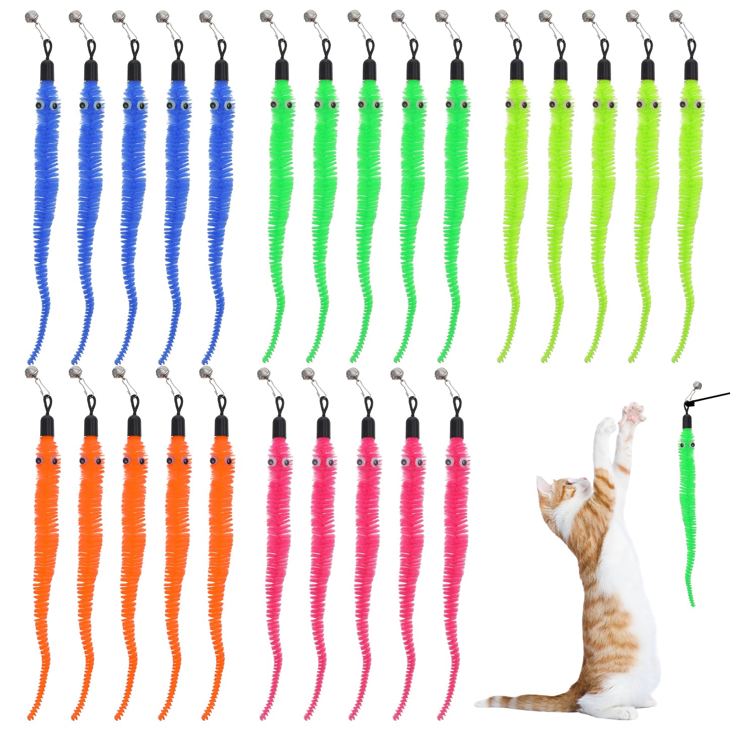 25 Pcs Cat Worm Toy Refills Cat Wand Replacement Worms Refill with Bells Interactive Durable Toys Accessories for Cats Fishing Pole Toy Teaser Kitten Indoor Interactive 9.84 × 0.55 × 0.55 inches