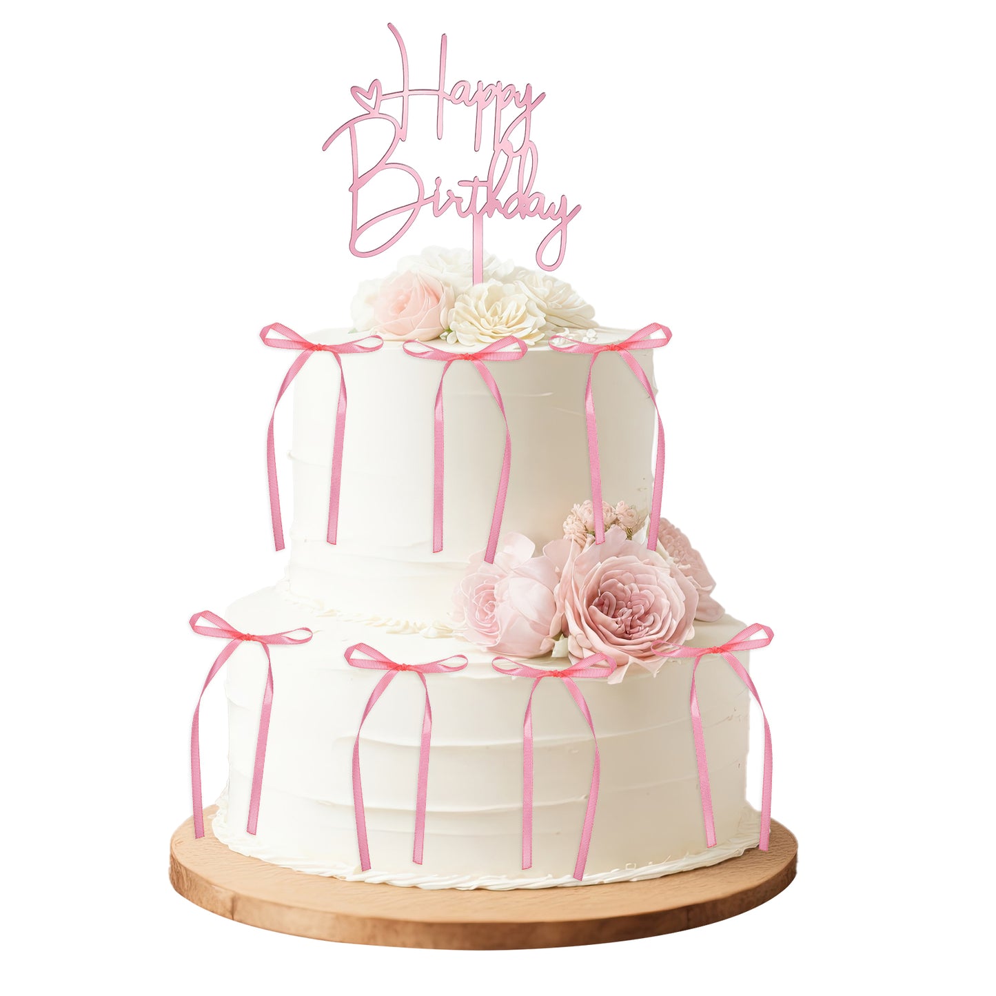 Ouligay 11PCS Pink Bow Cake Topper with Acryl Happy Birthday Sign Ribbon Bow Cupcake Toppers Coquette Themed Party Anniversary Wedding Decor Birthday Cake Decorating Supplies