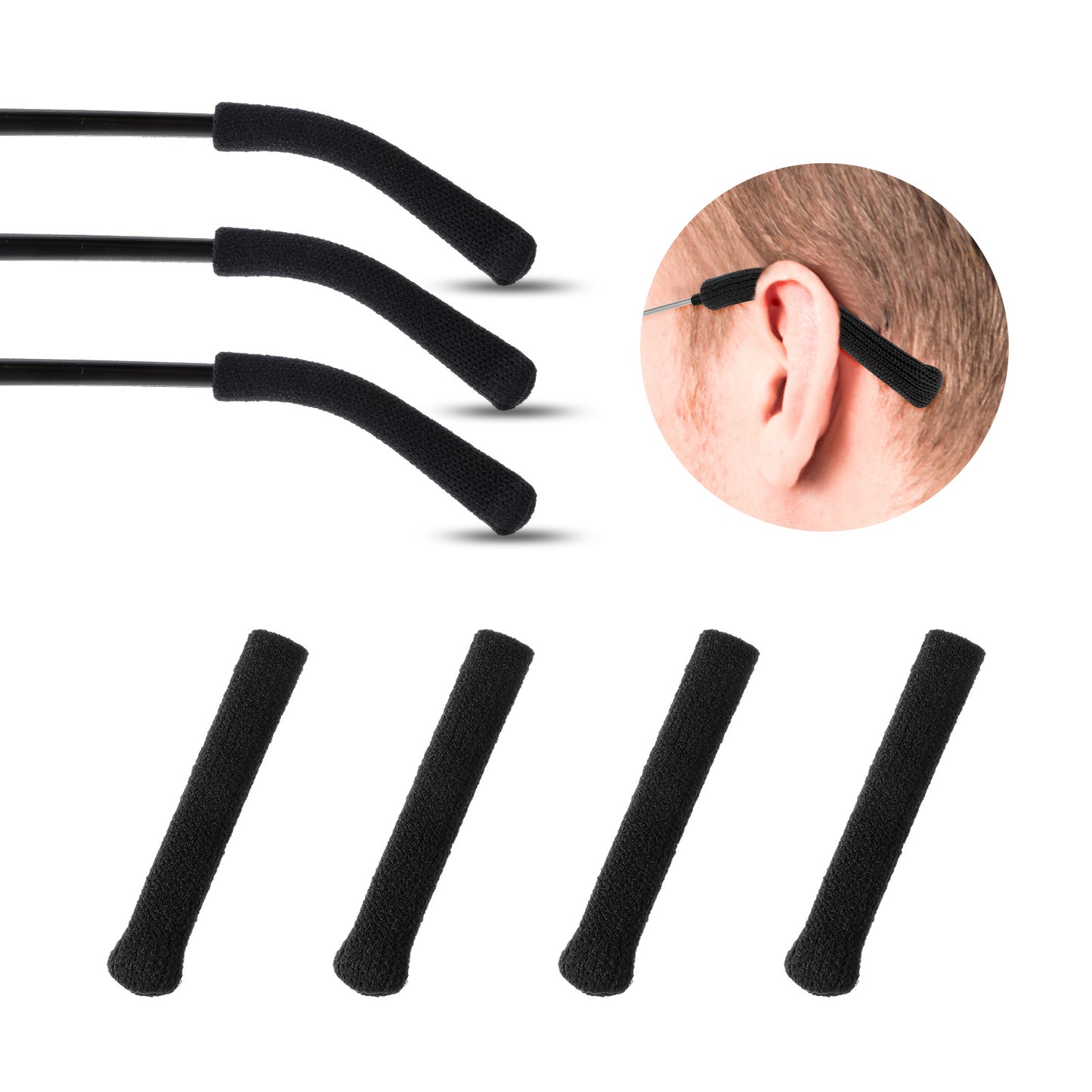Nogeqi 2 Pairs Eyeglasses Ear Cushions Anti-Slip Temple Pads Sleeve Retainer Knitting Nylon Comfortable Elastic Temple Tips for Behind the Ear Glasses Arm Cushion for Sunglasses Black