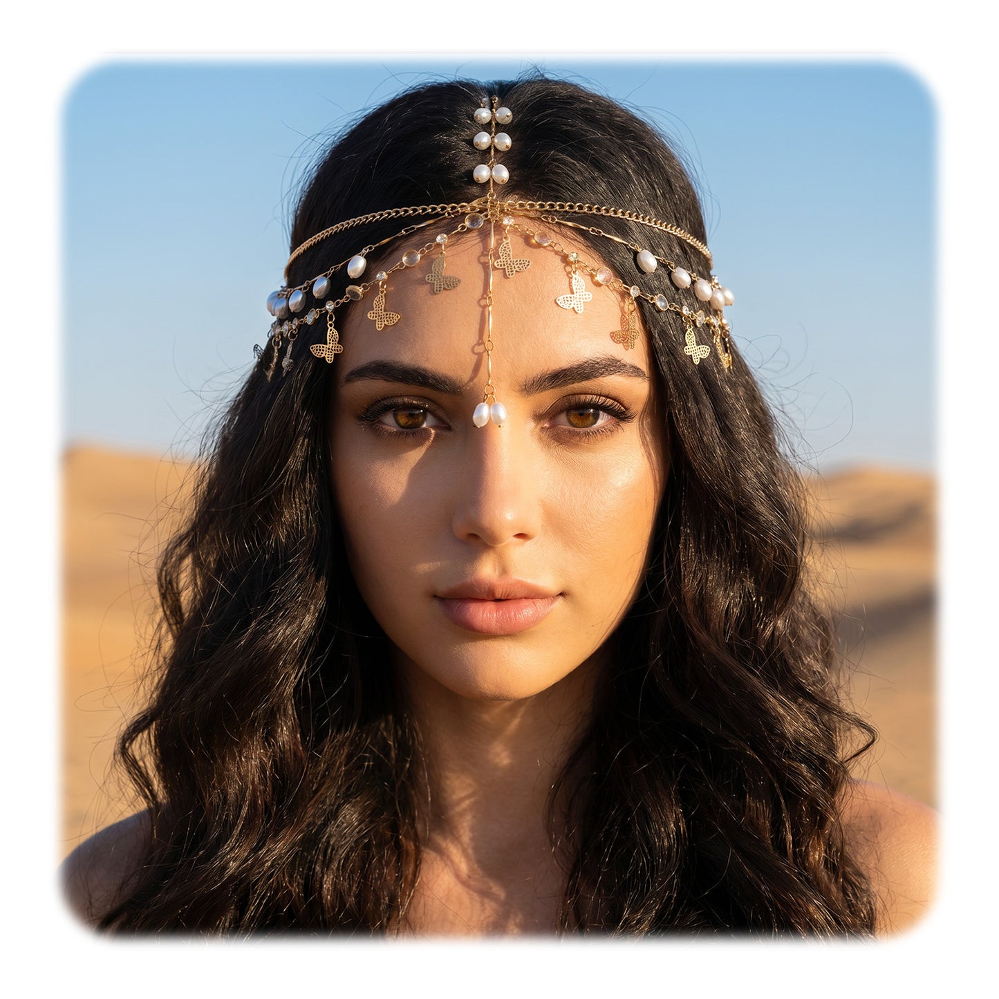 Nogeqi Gold Head Chain, Rhinestone Pearl Head Jewelry for Women, Butterfly Egyptian Headpiece Goddess Gold Heads Piece for Women Girls Festival Prom Wedding Bridal