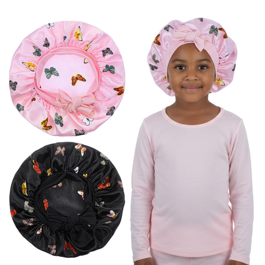 2 Pcs Hair Bonnet for Sleeping Silk Bonnet for Sleeping Kids Adjustable Satin Bonnets Elastic Sleep Cap Silk Sleep Head Cover for Baby Girls Boys Teens Toddler Kids Child Curly Hair (Pink & Black)