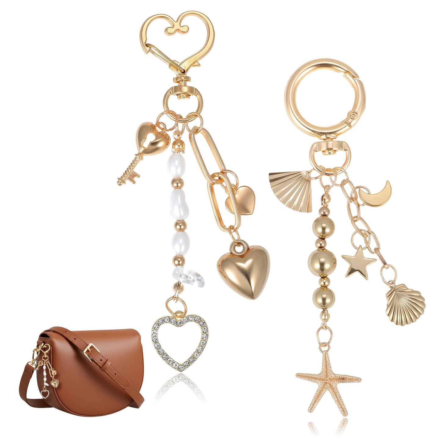 Nogeqi 2PCS Gold Beach Keychain, Cute Starfish Seashell Keychain, Ocean Bag Charms for Backpacks, Beaded Purse Charms for Handbags, Summer Travel Gifts for Women