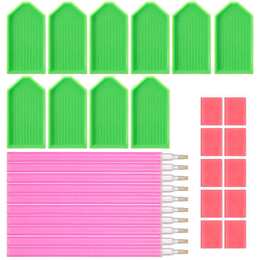 Ymapinc 30Pcs Diamond Art Pens Tools with 10 Drill Pen, 10 Tray & Glue Clay, Diamond Art Accessories Pens for Kids Adults DIY Crafts Gem Painting Tool Kit (Red, Pink, Green)