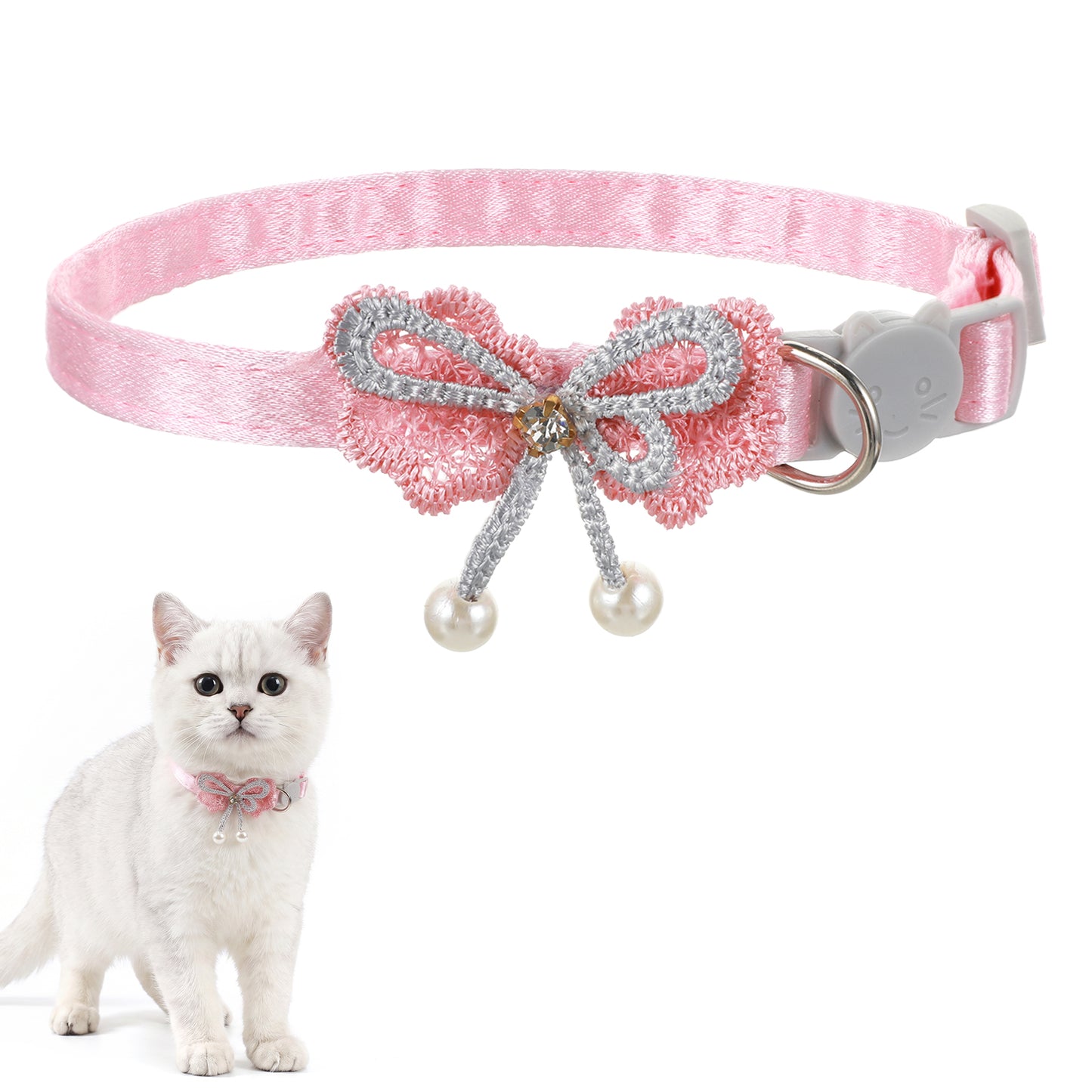 Rahhlzs Breakaway Cat Collars with Pearl Pendant Pink Cat Collars for Girl Cats with Adjustable Quick Release Safety Buckle 5.12x0.39in Durable Cute Kitten Collar