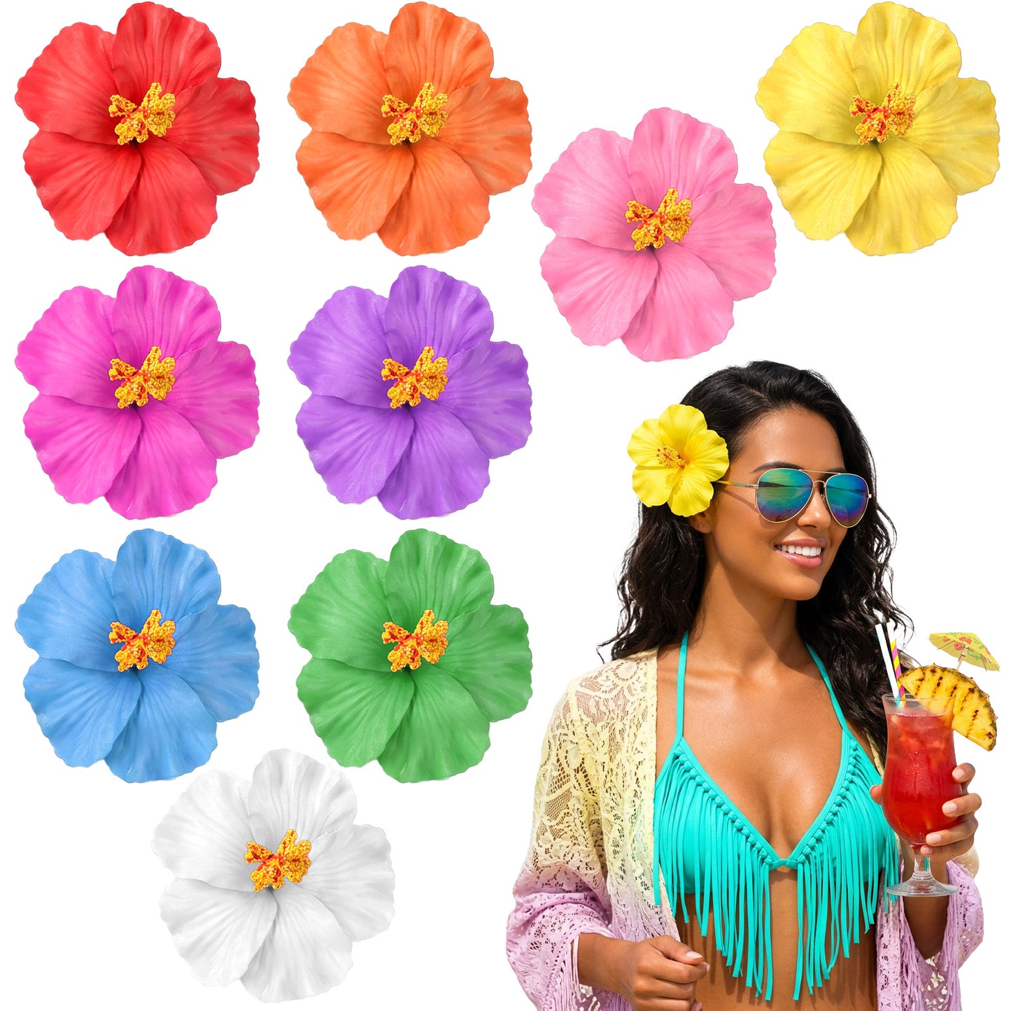Hawaiian Flower Hair Clips For Women 9 Pcs Plumeria Hibiscus Hair Barrettes Artificial Flower Clips, 3.54 Inch Tropical Floral Girls Clip Accessories For Women Girls Summer Vacation Beach Party