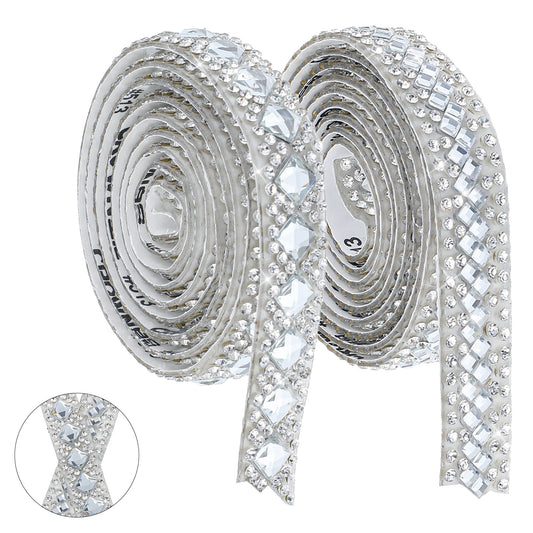 2 pcs Self Adhesive Rhinestone Ribbons, 2 Styles Rhinestone Ribbon Crystal Bling Crystal Diamond Roll, Bling Rhinestone Stickers for DIY Art Crafts, Car, Phone, Gift Decoration (Silver)