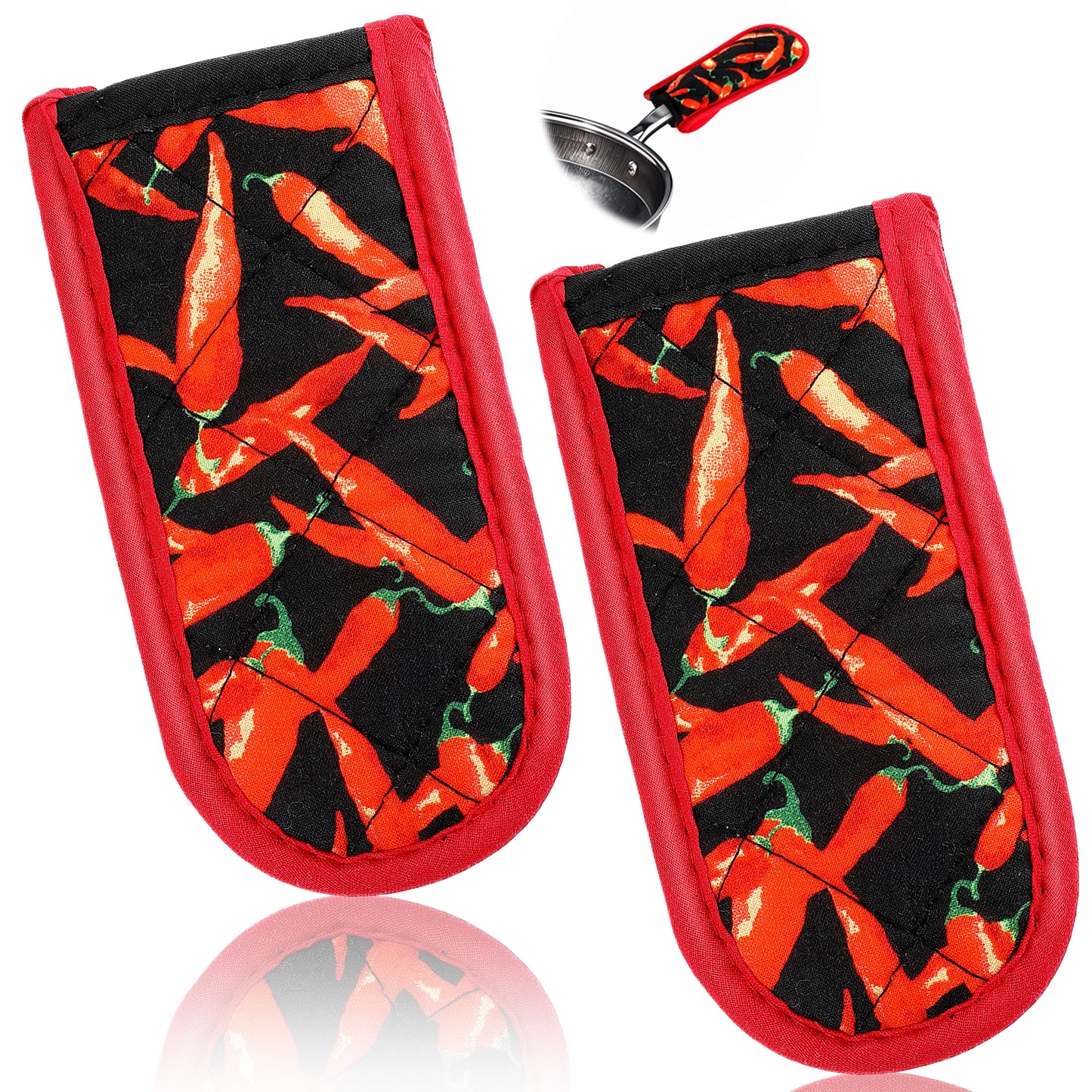 2PCS Cast Iron Skillet Handle Covers Heat Resistant Pan Pot Sleeve Grip Cotton Hot Handle Holders Non-slip Machine Washable Handle Mitts Gloves for Kitchen Baking Cooking BBQ Cookwares(Red Pepper)