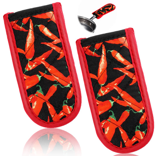 2PCS Cast Iron Skillet Handle Covers Heat Resistant Pan Pot Sleeve Grip Cotton Hot Handle Holders Non-slip Machine Washable Handle Mitts Gloves for Kitchen Baking Cooking BBQ Cookwares(Red Pepper)