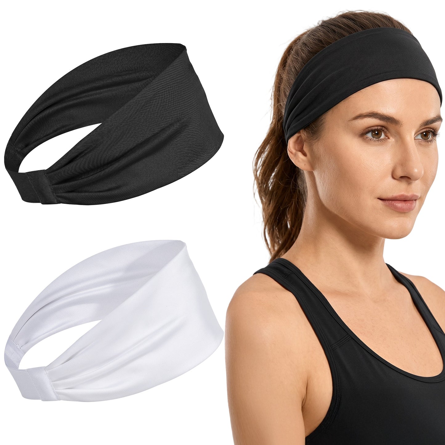 Sweat Wicking Headband Running Headband Non-Slip Workout Headbands Soft Stretchy Moisture Wicking Sports Headbands for Men Women Running Yoga Outdoor Work Fitness Black White