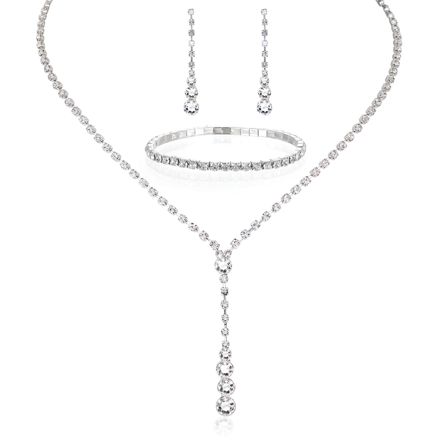 Crystal Jewelry Set for Women, Silver Bridal Jewelry Set Rhinestone Necklace, Bracelet and Earrings, Bridal Wedding Party Accessories
