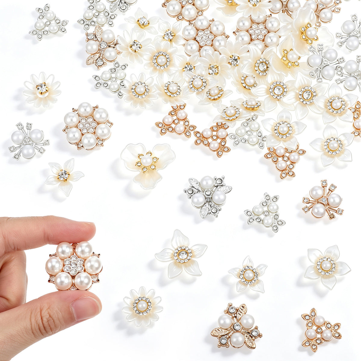 RAHHLIZS 70pcs Flower Rhinestone Buttons, Acrylic Faux Pearl Buttons