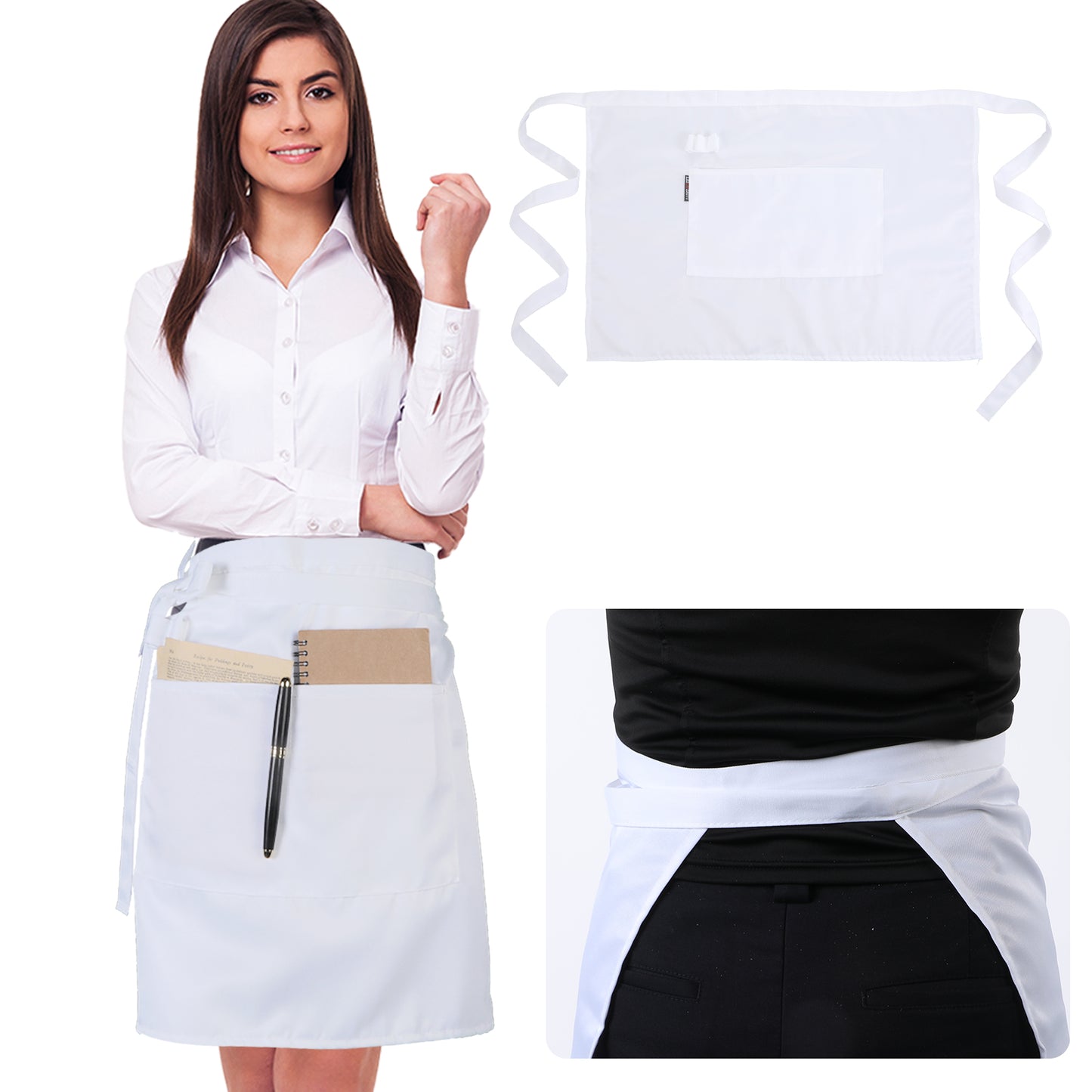 Nogeqi White Server Apron, 16 Inch Half Apron with 2 Pockets, Waterproof Waist Aprons for Women with Pockets, Bistro Apron for Men Women Waiter Waitress