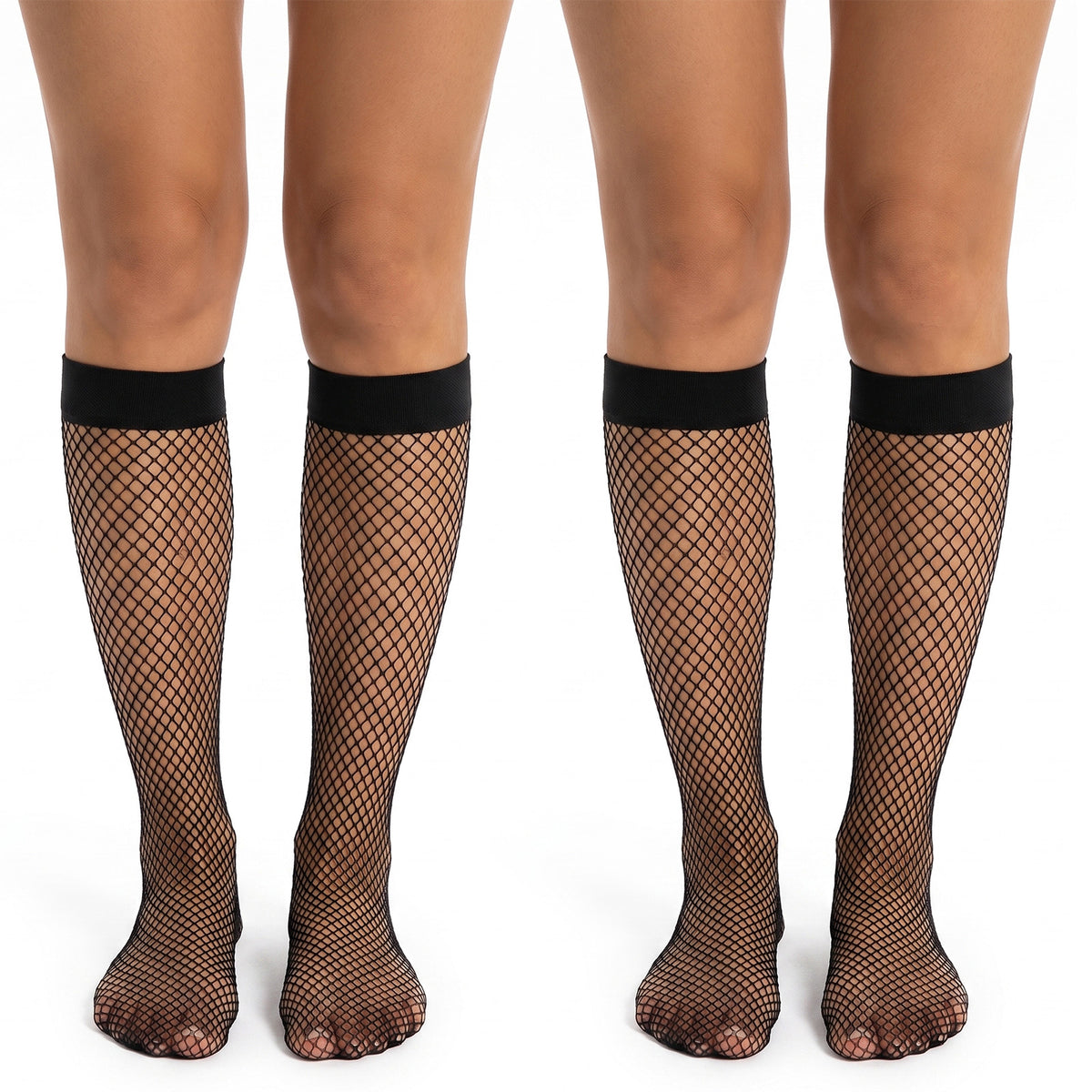 2 Pairs Fishnet Socks for Women, Black Fishnet Knee High Stockings Mid-Calf