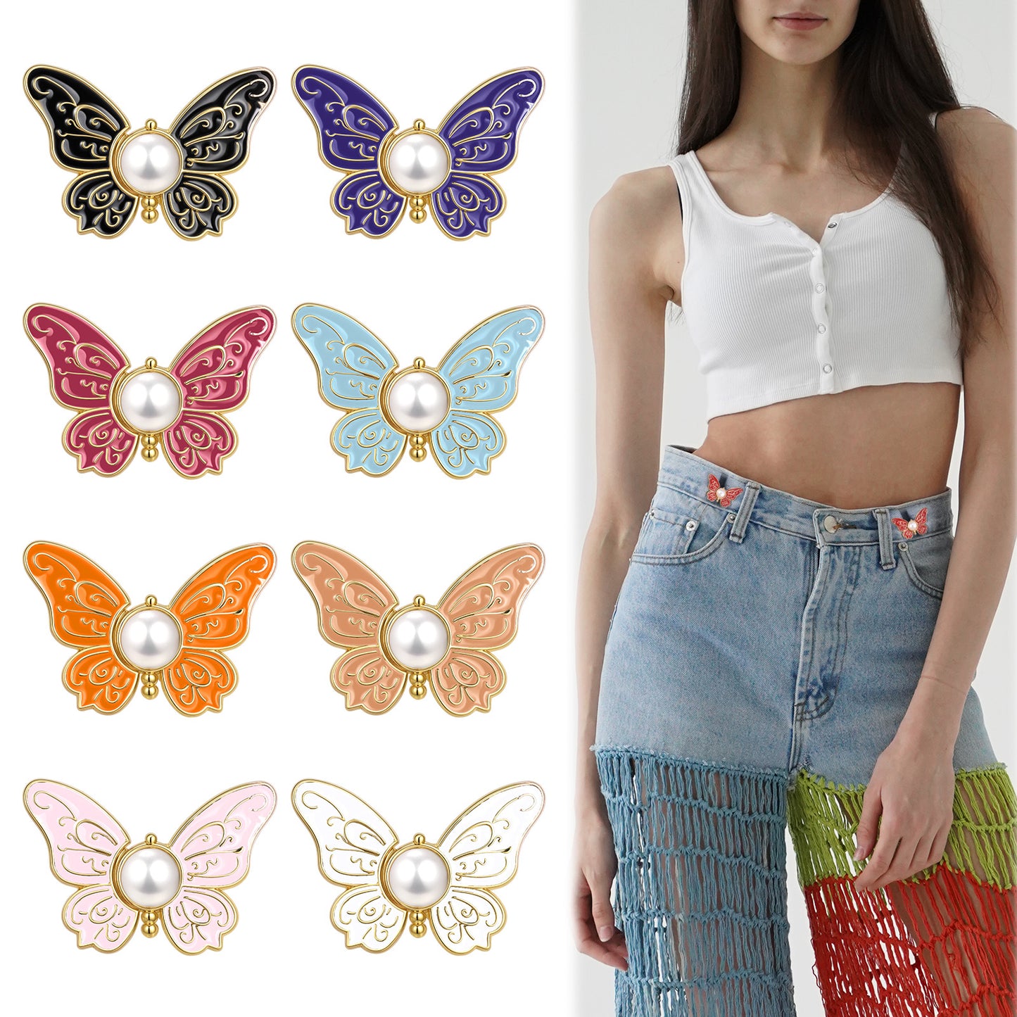 Ymapinc 8 Pcs Pants Tightener for Waist Women, Decorative Butterfly Waist Knots for Pants, Adjustable No Sew Jean Buttons Buckle for Loose Jeans