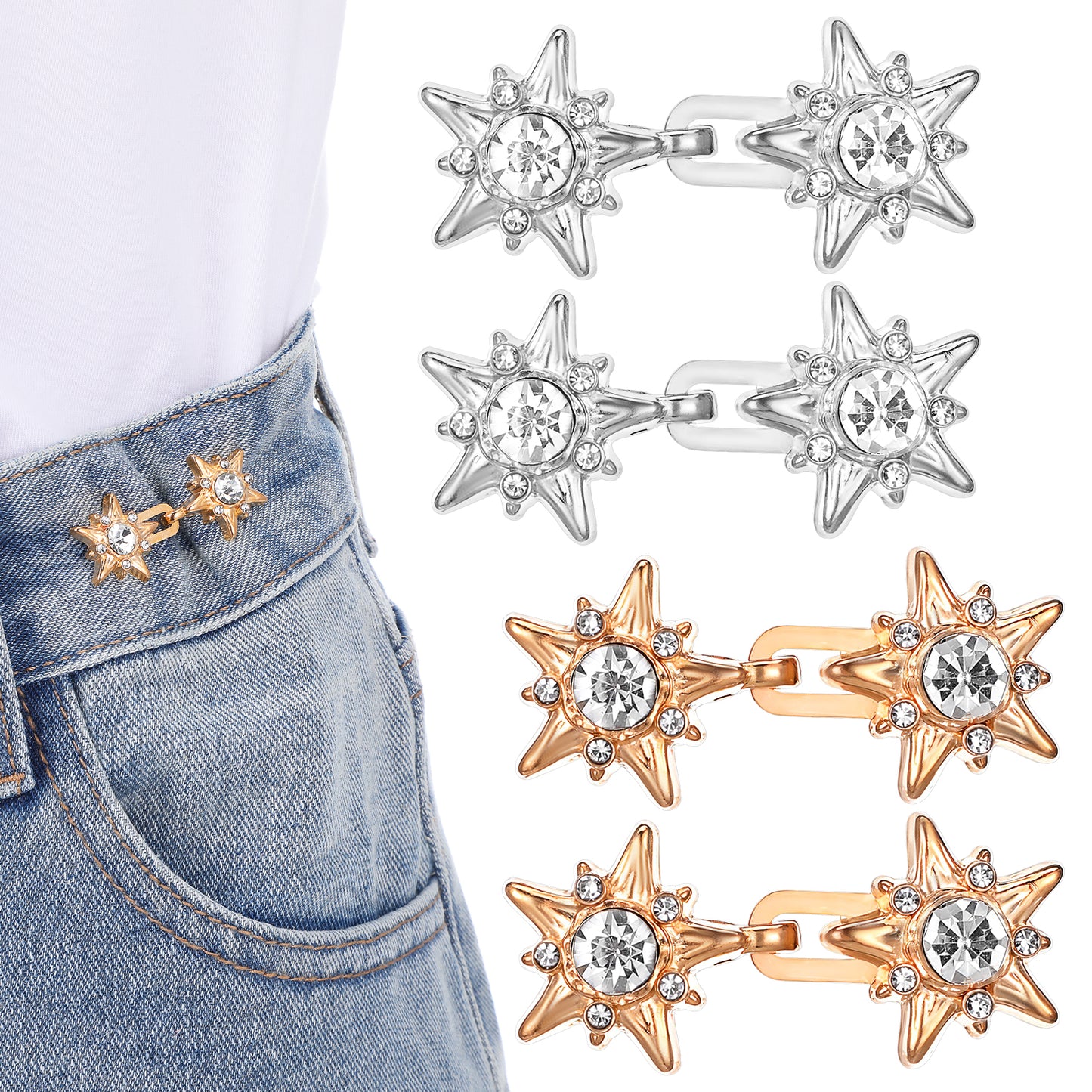 Tyqour 4 Sets Pant Waist Tightener, No-Sew Metal Clips for Pants and Jean, Stars Adjuster Waist Tightener Reusable Waist Cincher Clip for Clothing Dresses Skirts Accessories