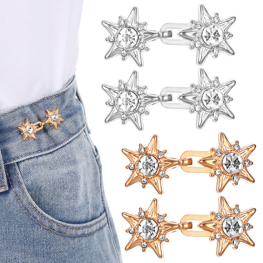 Tyqour 4 Sets Pant Waist Tightener, No-Sew Metal Clips for Pants and Jean, Stars Adjuster Waist Tightener Reusable Waist Cincher Clip for Clothing Dresses Skirts Accessories