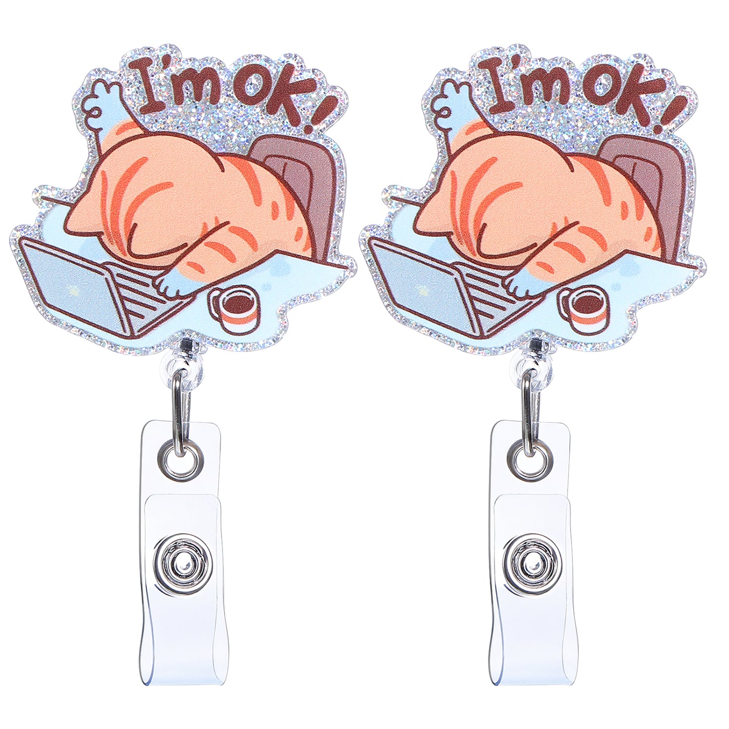 2pcs Funny Badge Reel Retractable, Ymapinc Cute Cat I'm OK Nurse Badge Reel with Clip, Cute Cat ID Holder, Accessories for Medical Workers, Vet Nurse Gifts & Christmas Badges Reels for Teachers