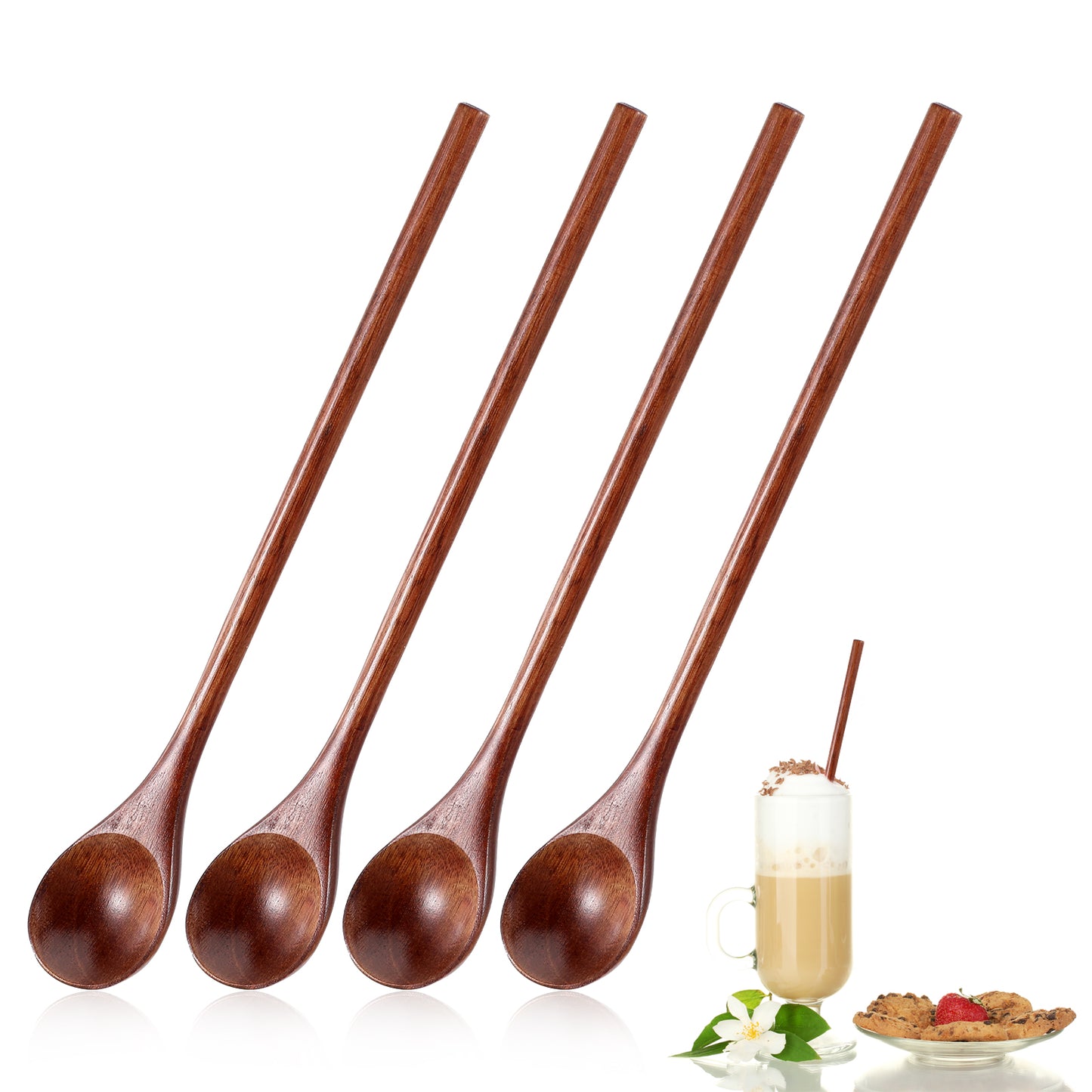 Ouligay 4 Pcs Long Wooden Spoon,Wooden Honey Spoon,7.8 Inch Wood Spoons for Eating Stirring,Wood Mixing Spoons for Coffee,Teaspoon with Long Handle for Kitchen Bar Restaurant(Brown)