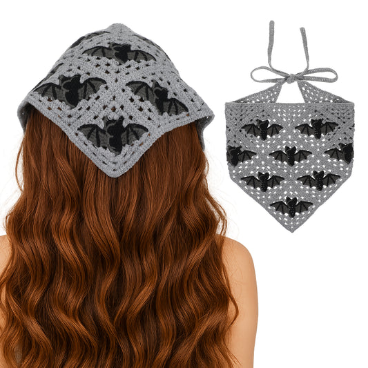 Ymapinc Bat Pattern Crochet Bandana Gothic Clothes, Goth Decor Head Scarf for Women Halloween Cotton Knit Triangle Hair Accessories Vintage Headband