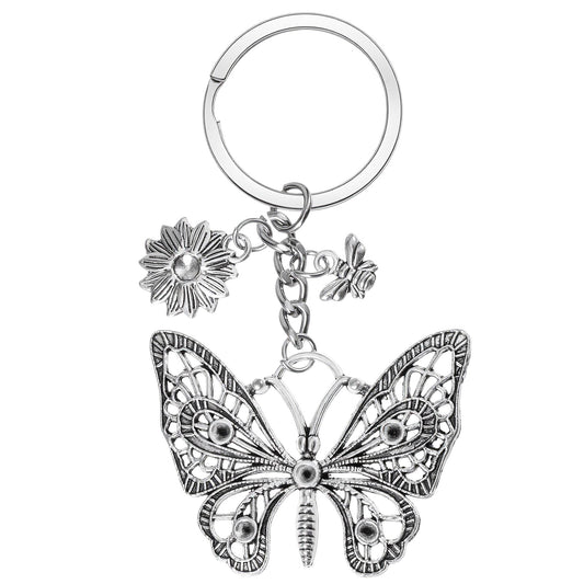 Ymapinc Vintage Butterfly Keychain for Women, Silver Bee Flower Keychain, Silver Bag Charm for Handbags, Boho Antique Style Butterfly Gifts for Women