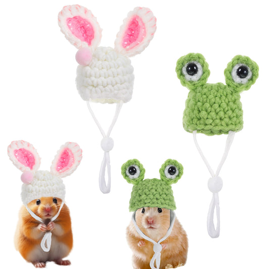 Ymapinc 2pcs Hamster Clothes, Rat Hats for Chickens Small Animal Apparel Hand Knitted Photo Props for Hamsters Dutch Pigs Snakes- Frog & Bunny Style with Adjustable Strap