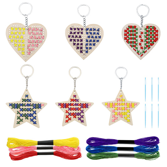 Ymapinc 6Pcs Beginner Embroidery Kits, Mini Cross Stitch Sewing DIY Kit for Beginners Age 5-8, Small Cross Stitch Wood Pentagram and Heart Shaped Needles Sewing