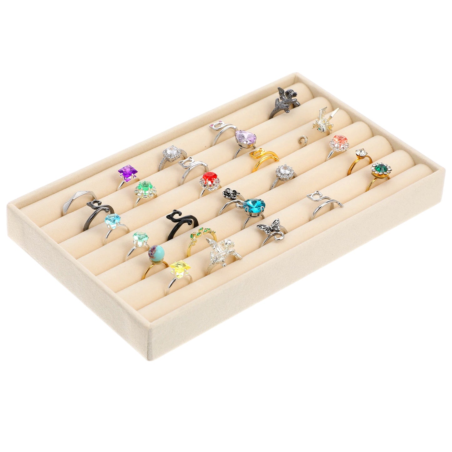 RAHHLIZS Ring Display Case Tray, Velvet Ring Organizer Holder, Rings Box, Jewelry Tray, Earring Display Holder Organizer, 8.35 x 5.91 x 0.91 Inches, Rings Storage Box(8 Slots, Beige)