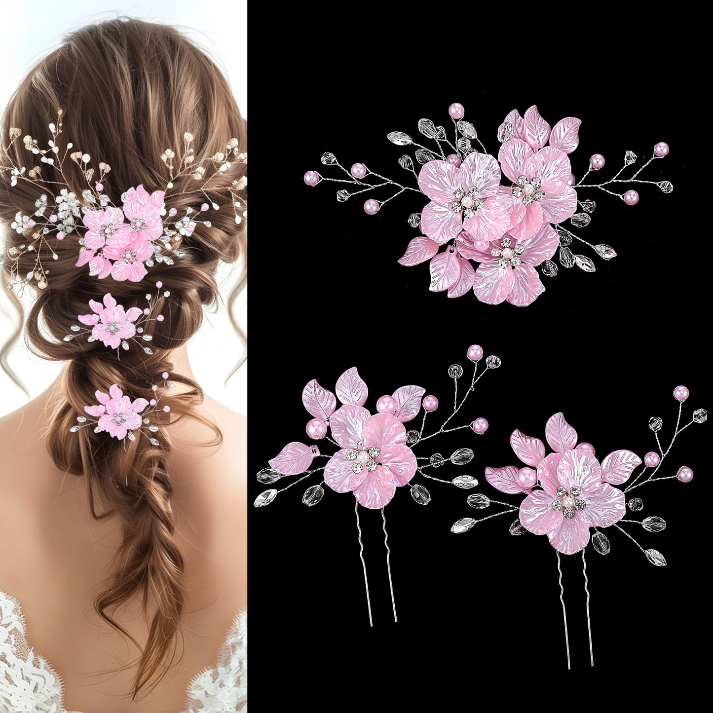 3 PCS Pearl Hair Pins with Flower & Rhinestones, Ymapinc Large Bridal Hair Accessories, White Wedding Hair Flowers for Weddings, Silver Hair Accessories for Brides, Bridesmaids & Flower Girls