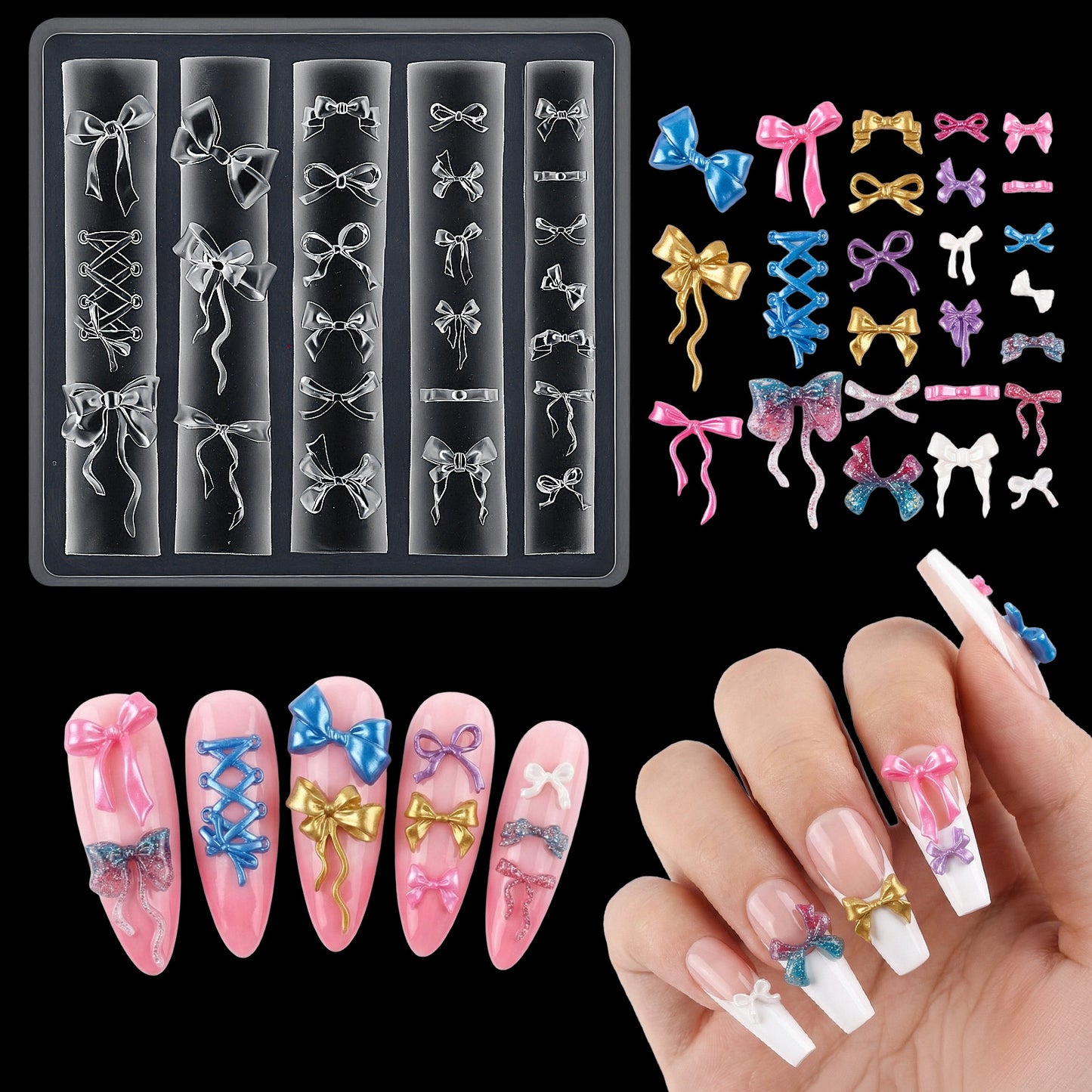 Ymapinc 3D Bow Silicone Nail Molds for Nail Art, Lace Bows+Ribbons Charm Molds, 3D Gel Template Manicure Tool for Women, Reusable Nails Carving Stencils (7.5x7.2cm)