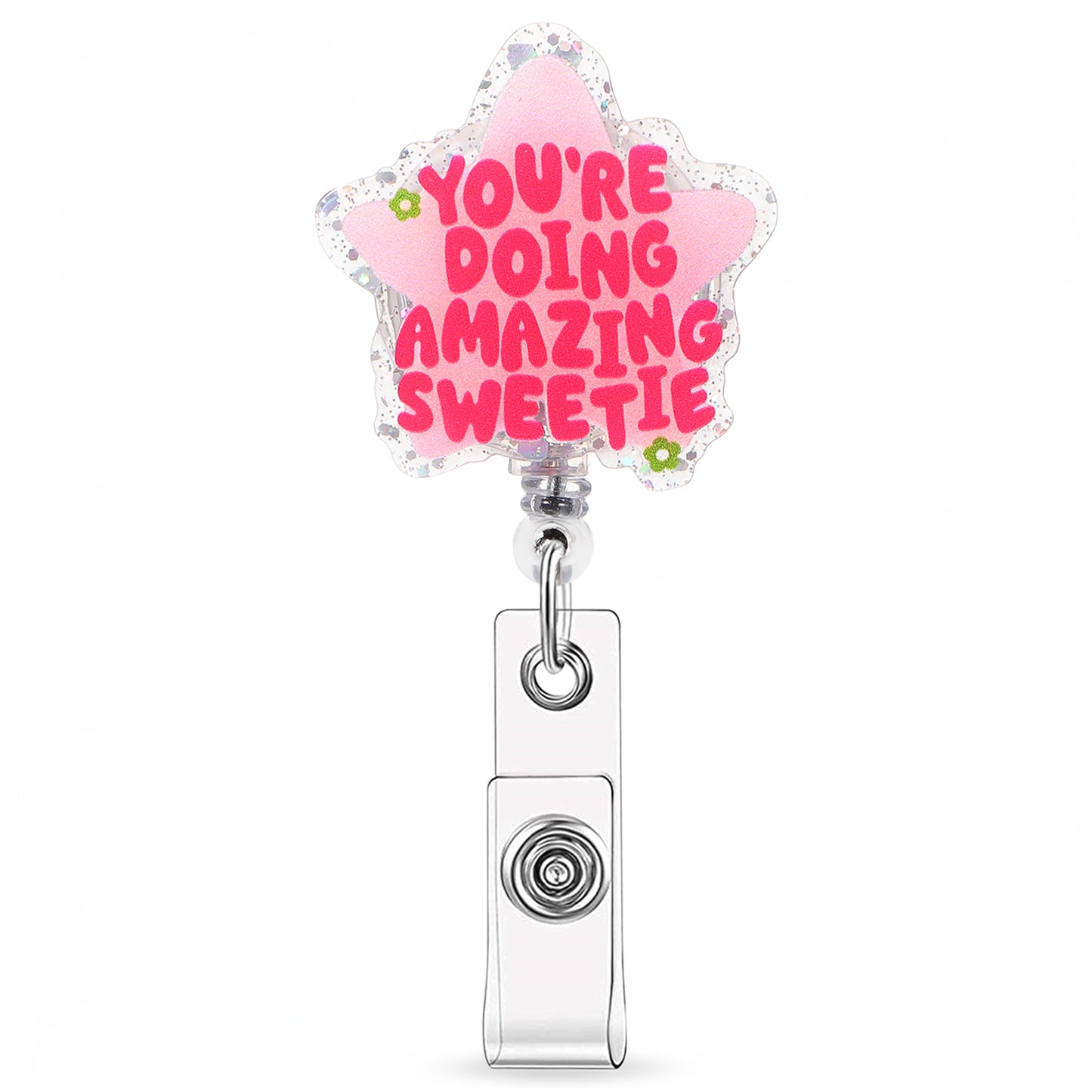 Ymapinc Funny Nurse Badge Reel, Retractable Nursing Social Worker Badge Reel Accessories, Pink Glitter ID Card Holder with Alligator Clip for Women Girl, You're Doing Amazing Sweetie, Nurse Gifts