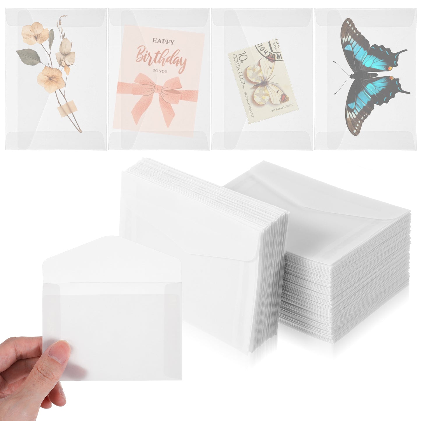 Xindojuz 50 PCS Vellum Envelopes, 4.5 × 3.2 Inch Translucent Glassine Envelope Self Sealing Mini Clear Envelopes Holders for Seeds Coin Stamp Collecting Lottery Ticket Gift Card Wedding Invitation