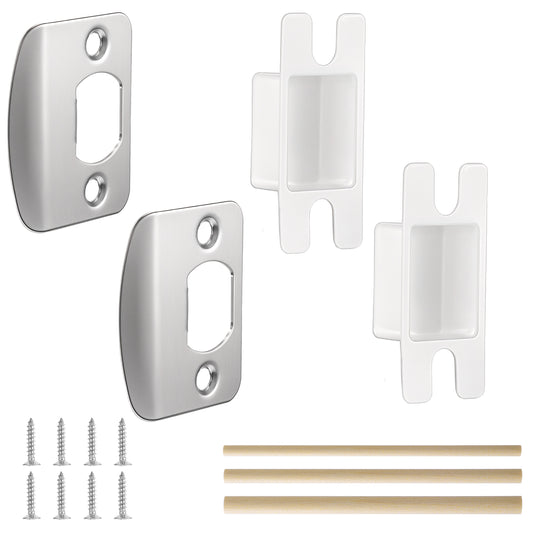 Ymapinc 2 Sets Door Latch Plates Strike Plates, Universal Adjustable Door Knob Plate Interior Door Frame Repair Kit(2 D-Type Door Latch Restorers, 2 Dust Boxes, 3 Wooden dowels, 8 Short Screws)
