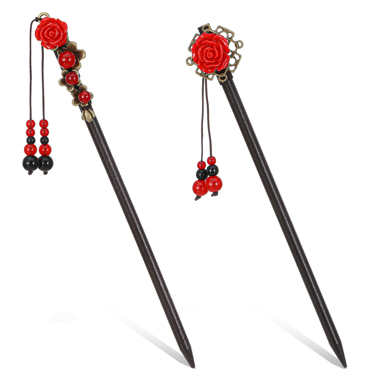 Nogeqi 2 PCS Wooden Chinese Hair Sticks for Women, Retro Flower Hair Chopsticks, Classic Japanese Hairpin Accessories for Women Girls (Red)
