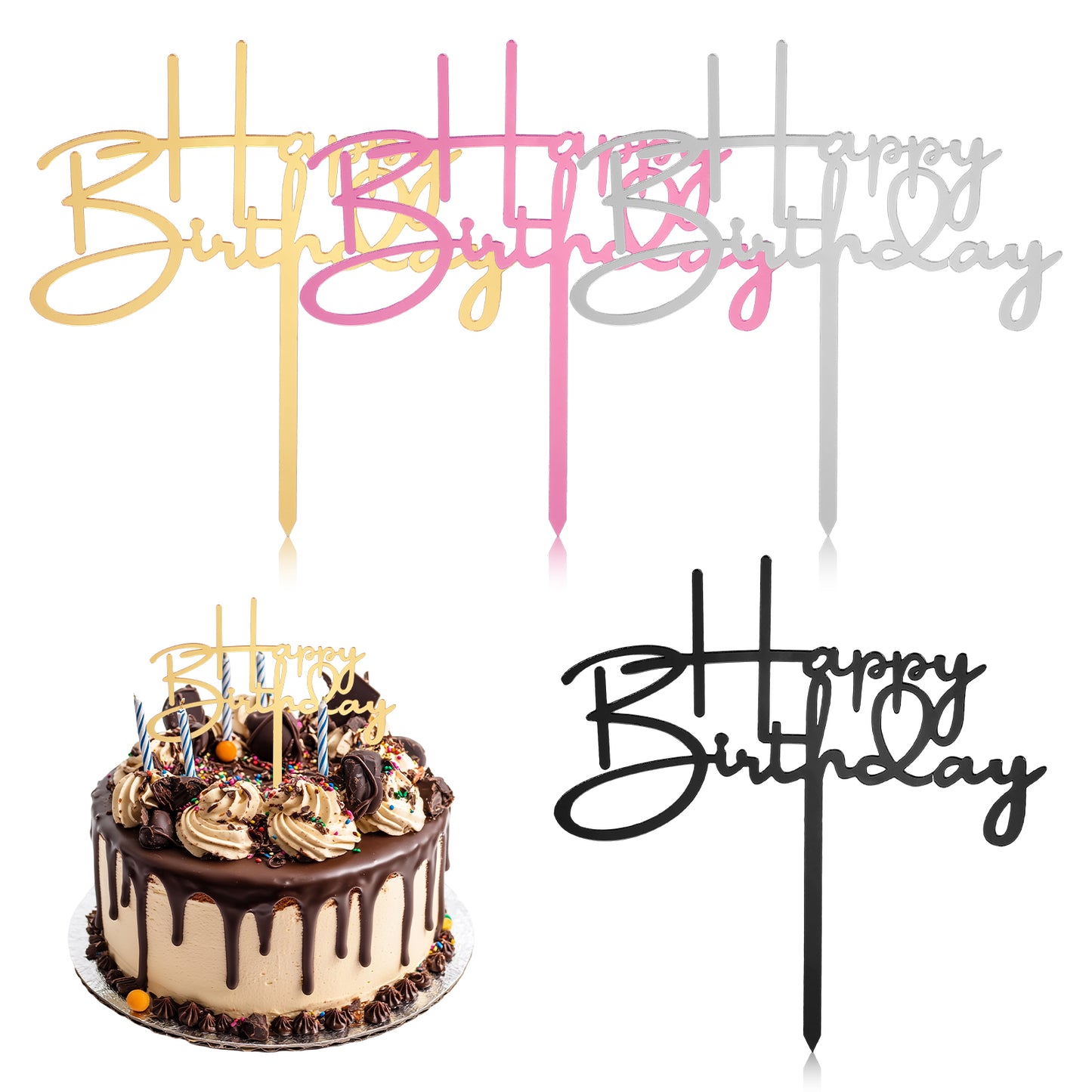 Tyqour 4PCS Happy Birthday Cake Topper Acrylic Happy Birthday Cake Decorations Sign for Women and Men Cupcake Topper Cakes Supplies Decorations (Gold, Silver, Black, Rose Gold)