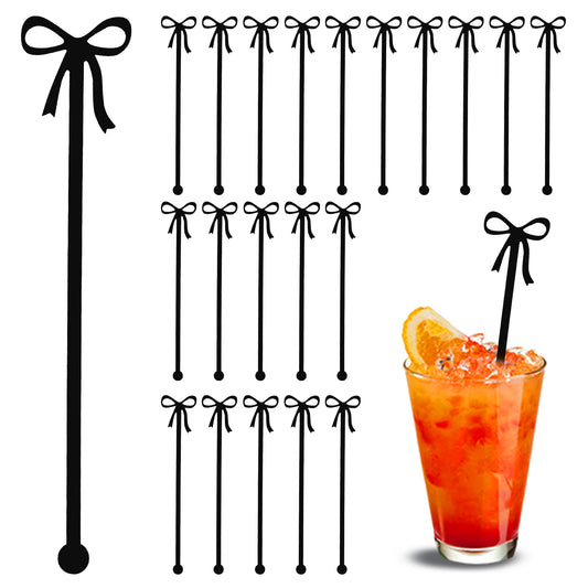 20 Cocktail Stirrers, Black Bow Acrylic Drink Stirrers, 6-Inch-Long Reusable Plastic Stirrer for Wedding Birthday Bridal Bachelorette Party Cocktail Decorations Supplies,Cupcake Decorations(Black)