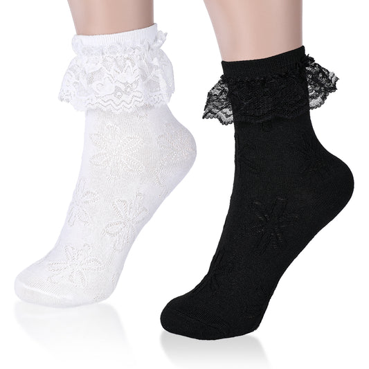 2pairs White Ruffle Socks for Women Turn-Cuff Lace Frilly Ankle Comfortable Cotton Princess Socks