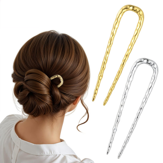 Ymapinc 2Pcs Metal French Hair Pin for Women, U Shaped French Twist Hairpin, Vintage Gold and Silver Hair Forks for Thick Hair Accessories, Durable for Medium to Long Hair Daily Wear