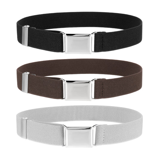 3 Pcs Kids Belt Magnetic Toddler Belt Adjustable Elastic Belts Boys Girls Fashion Stretch Belts with Silver Buckle Waistband for Children's Jeans, Shorts & Trousers, Uniform, Black, White, Coffee
