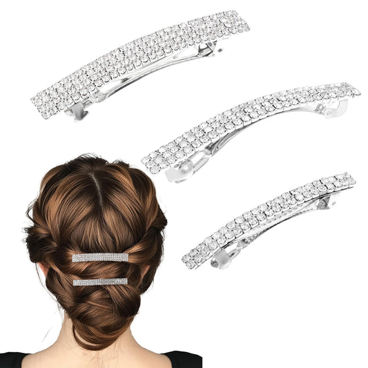 3 Pcs Rhinestone Hair Clips Silver Hair Accessories Barrettes for Women Sparkly Clip Small Sparkly Bling Clip Silver Metal Rectangular Spring Barrettes Crystal Ponytail Holder Side Clips