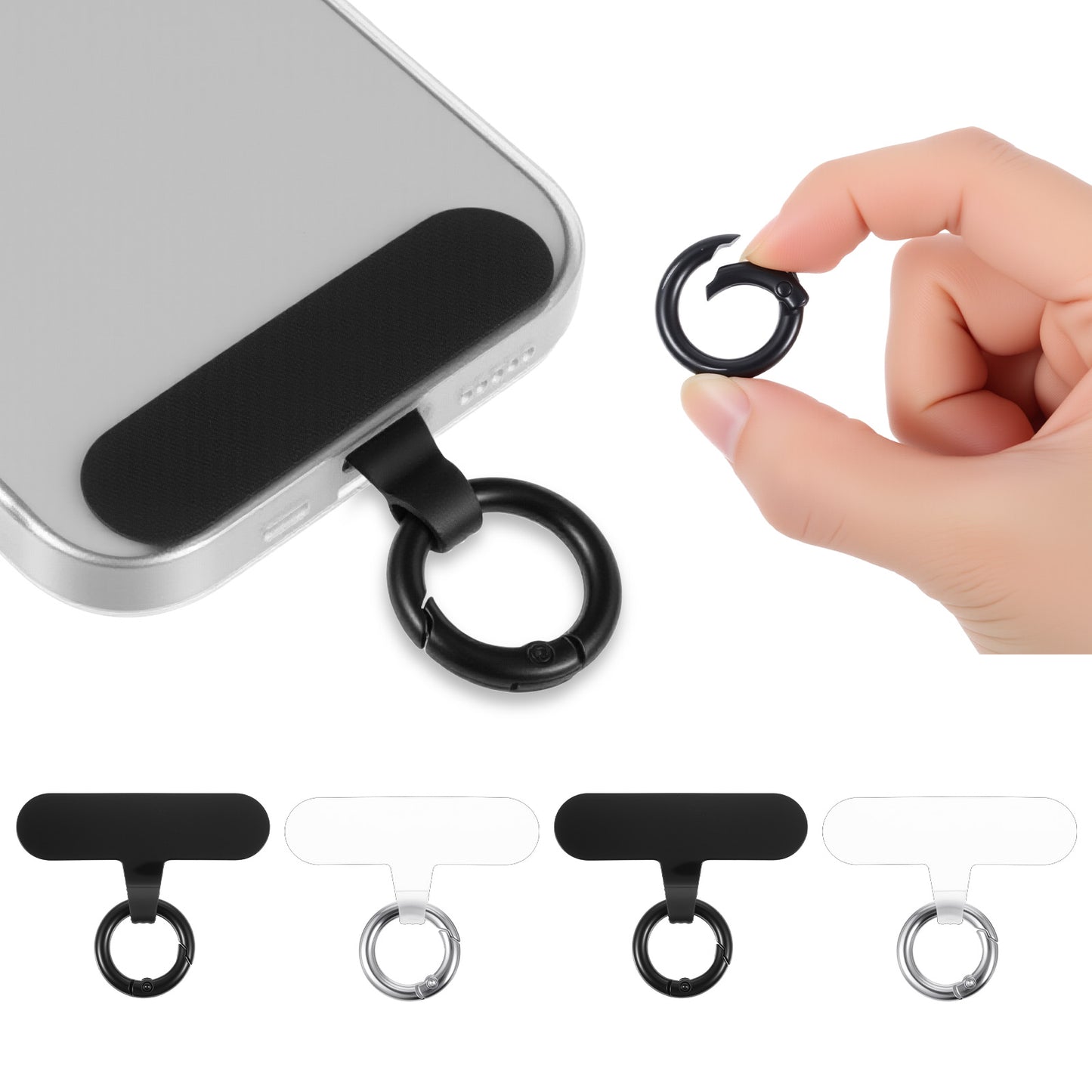 Phone Tether Tab 4 Pack Cell Phones Lanyard Tabs Patch Without Adhesive, Strap Replacement Attachment for All Full Phone Cases (Black/Transparent)