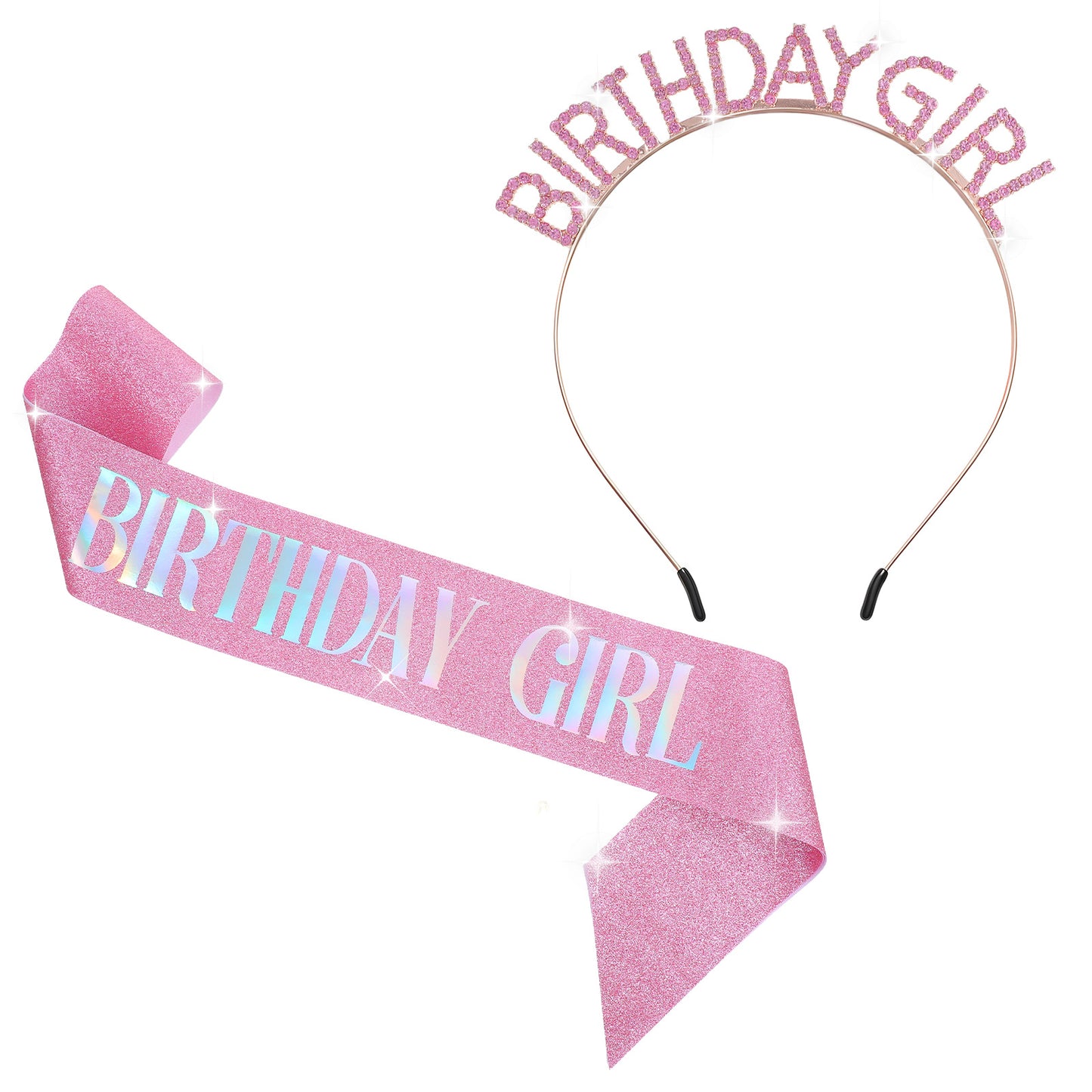 Matwsec Birthday Girl Sash and Crown Set for Women, Rose Gold Glitter Happy Birthday Headband for Girls, Rhinestone Tiara Headband & Letter Print Sash, Reusable Party Accessories