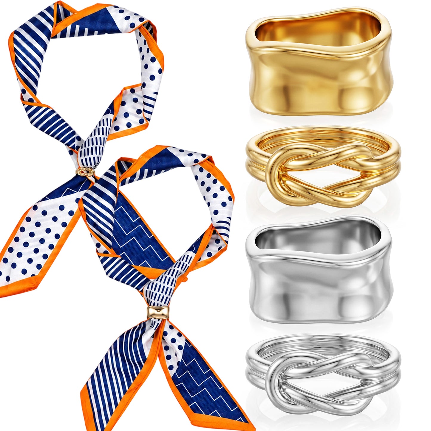 RAHHLIZS 4pcs Scarf Rings for Women, Silver & Gold Metal Bandana Ring